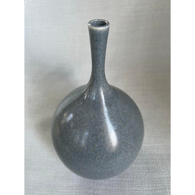 Vintage Late 20th Century Scandinavian Modern studio art vase with mottled blue, gray and green glaze, signed by Swedish...