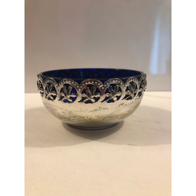 Blue 1940s English Silver Serving Bowl With Cobalt Glass Insert For Sale - Image 8 of 8