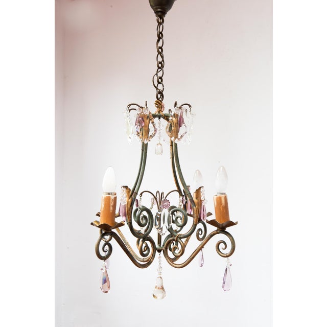 Forest Green Antique French Chandelier in Iron, Green and Gold Crystals, 1900 For Sale - Image 8 of 10