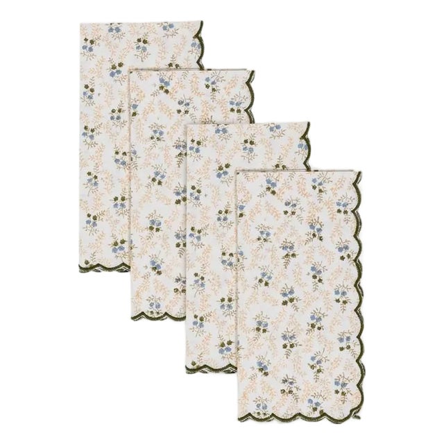 Sharland England Little Flower Scalloped Napkins in Green - Set of 4 For Sale