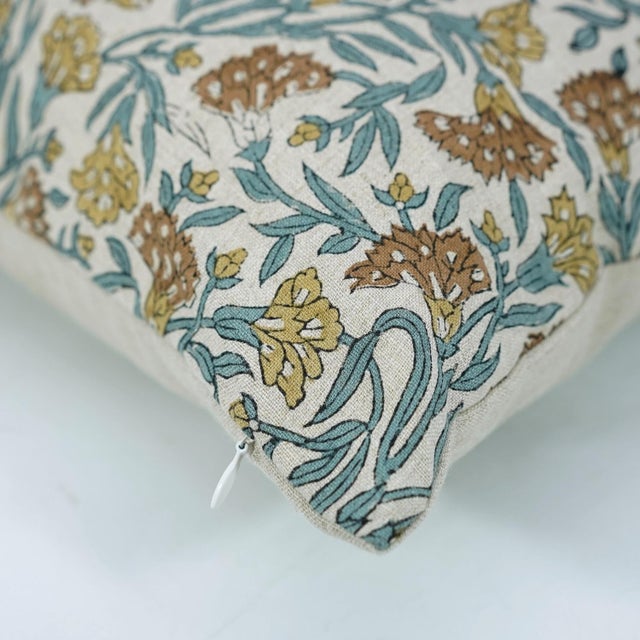 Fabdivine Handmade Block Print Lumbar Pillow Cover 14x36 Pure Linen Thorny Steams Cushion Cover For Sale - Image 6 of 9