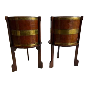 Pair of Antique 19th Century English Regency Style Brass Bound Mahogany Wine Coolers or Jardinieres on Stands