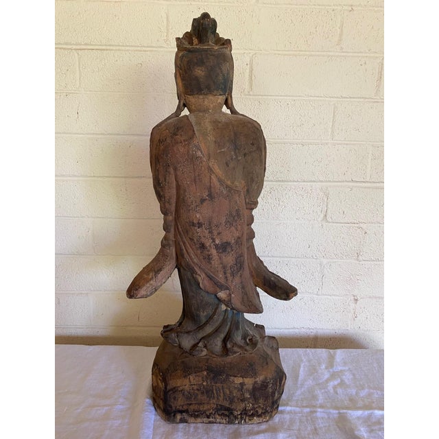 Traditional Hand‑Carved Wooden Guanyin / Bodhisattva Statue – 28” Vintage Asian Figure For Sale - Image 3 of 12
