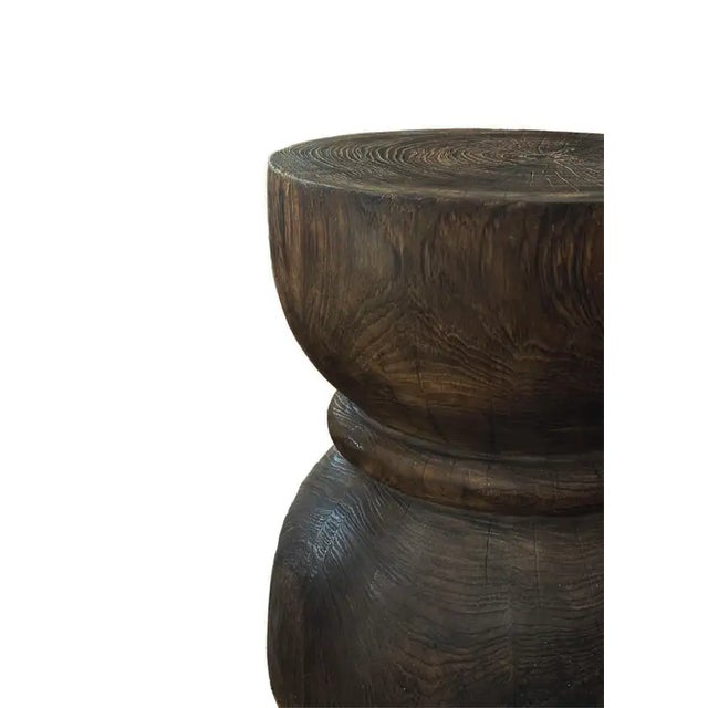 Not Yet Made - Made To Order Round Teak Wood Side Table, Dark Brown Finish, Hour Glass Design, Modern Organic For Sale - Image 5 of 5