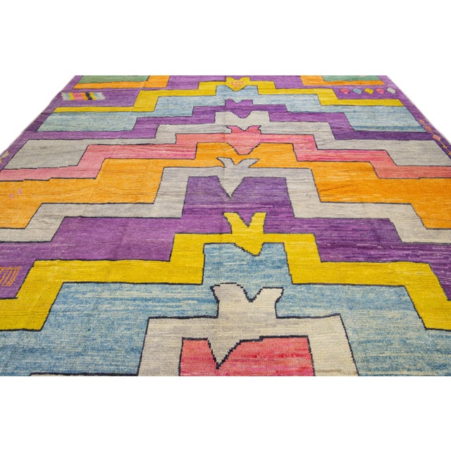 Art Deco Modern Turkish Tulu Handmade Multicolor Geometric Motif Oversize Wool Rug For Sale - Image 3 of 11