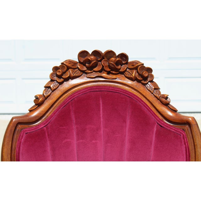 Vintage Victorian Revival Mahogany His & Hers Parlor Chairs Red Velvet Pair For Sale - Image 12 of 18