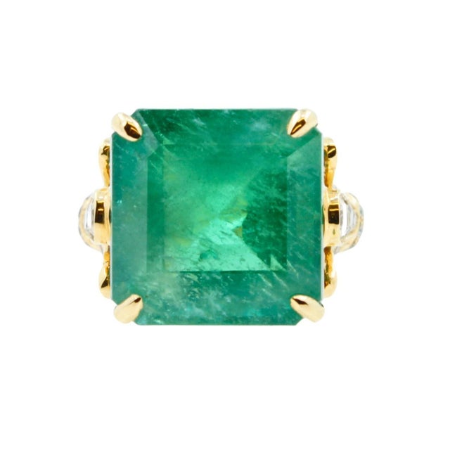 Square Emerald Diamond Cocktail Statement Unique Luxury Vintage Style Yellow Gold Ring 18 Karat Yellow Gold Genuine...