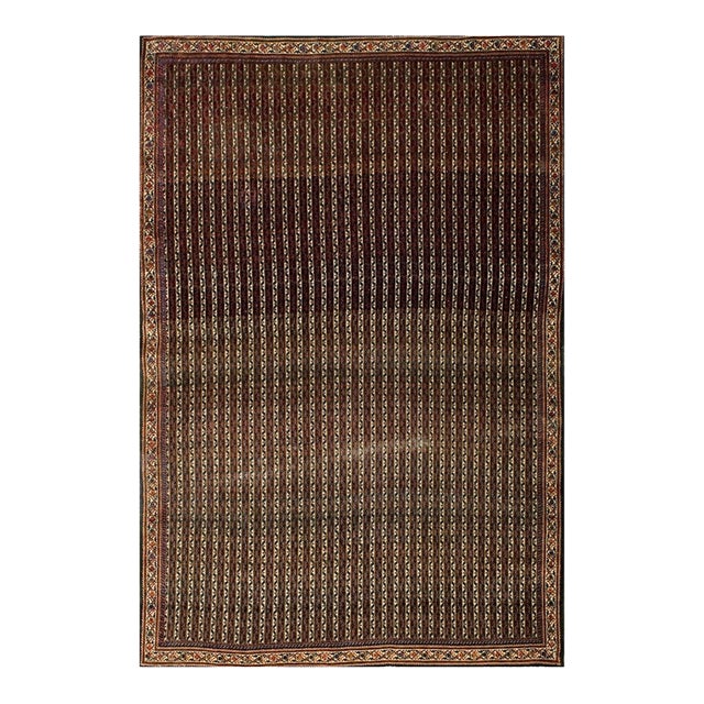 1890s Brown Stripe Antique Sarouk Farahan Rug 4'2" X 6'6" Handknotted Wool Carpet For Sale