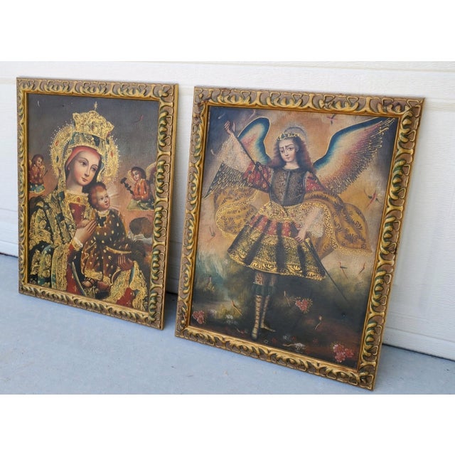 Pair Cusco School Paintings Madonna and Child & Archangel Barachiel 20th Century For Sale - Image 11 of 12
