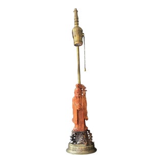 Late 19th Century Red Soapstone Deity Lamp For Sale