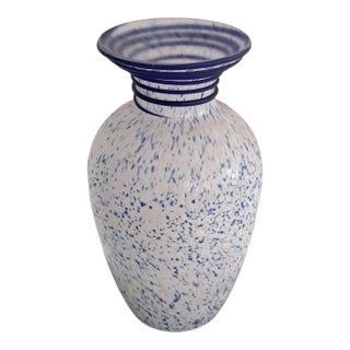 Murano Art Glass Vase in Lattimo With Blue Spatter & Cobalt Ringed Rim, Mid 20th Century. For Sale