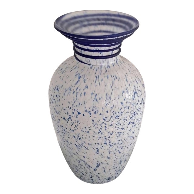 Murano Art Glass Vase in Lattimo With Blue Spatter & Cobalt Ringed Rim, Mid 20th Century. For Sale