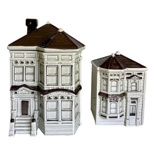 1979-80 Otagiri Ceramic San Francisco Victorian House Canisters Cookie Jars - Set of 2 For Sale