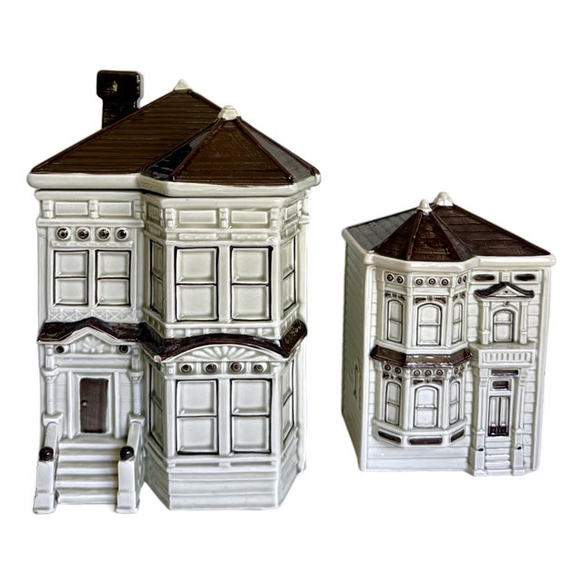 1979-80 Otagiri Ceramic San Francisco Victorian House Canisters Cookie Jars - Set of 2 For Sale