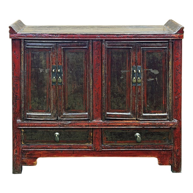 Vintage Distressed Brick Red Marks Point Edge Credenza Sideboard Cabinet For Sale