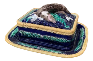 19th Century English Majolica Hand Painted Sardine Cover Box With Plate