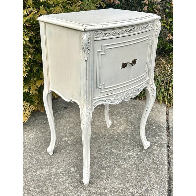 Antique French Style Carved Table/Nightstand in Distressed Antique White Finish For Sale - Image 4 of 13