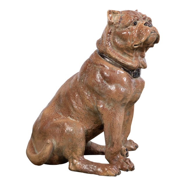 Vintage English Midcentury Sitting Bulldog Pottery Statue with Black Collar For Sale