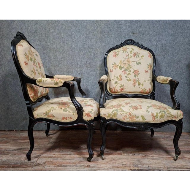 Wood Louis XV Style Armchairs in Black Lacquered Molded and Carved Wood For Sale - Image 7 of 10