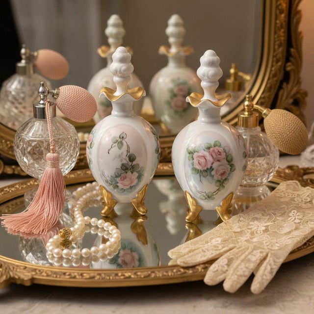 1960s Vintage Hand Painted Porcelain Vanity Set-Tray-Perfume Bottles-Casket-Jar-Signed For Sale - Image 5 of 11