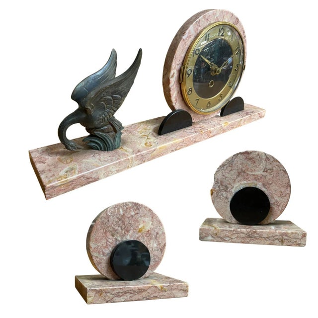 1930s Marefbay French Art Deco Ucra Bronze Swan Marble Mantle Garniture Clock Set- 3 Pieces For Sale - Image 13 of 13