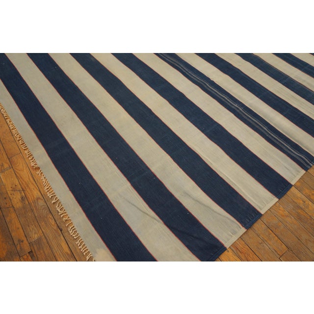 1920s Blue White Stripe Antique Agra Dhurrie Indian Rug 8'6" X 13'2" Flat Weave Cotton Carpet For Sale In New York - Image 6 of 7