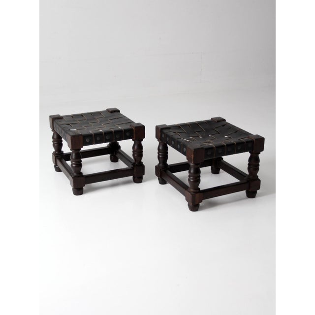 Mid-Century Spanish Revival Leather Strap Stools Pair For Sale - Image 10 of 15