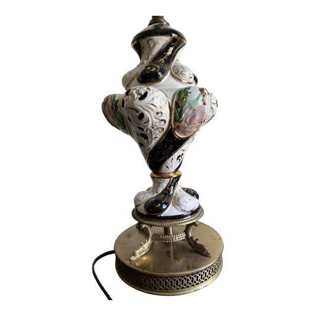 Vintage Capodimonte Porcelain Italy Black White Handpainted Fish Filigree Table Lamp For Sale - Image 11 of 16