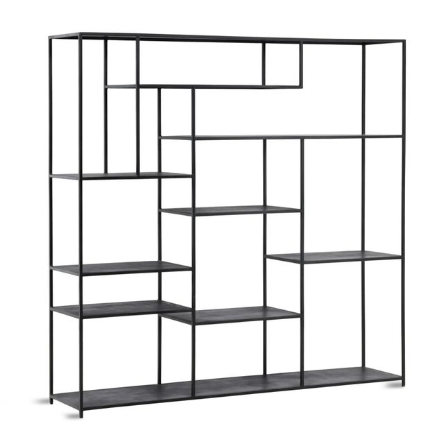 Modern black iron large square bookcase / display shelves. Varying sizes of shelves make for a dynamic and interesting...