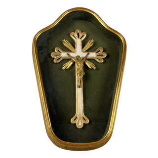 Antique Wooden Crucifix in Gilded Glass Case with Green Velvet, 1930s For Sale