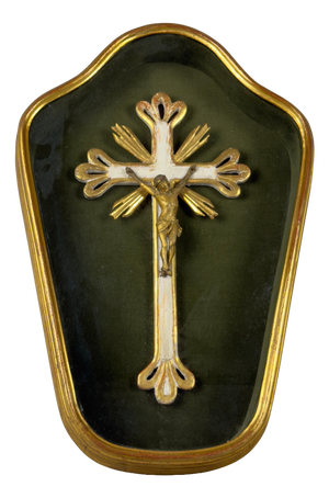 Antique Wooden Crucifix in Gilded Glass Case with Green Velvet, 1930s
