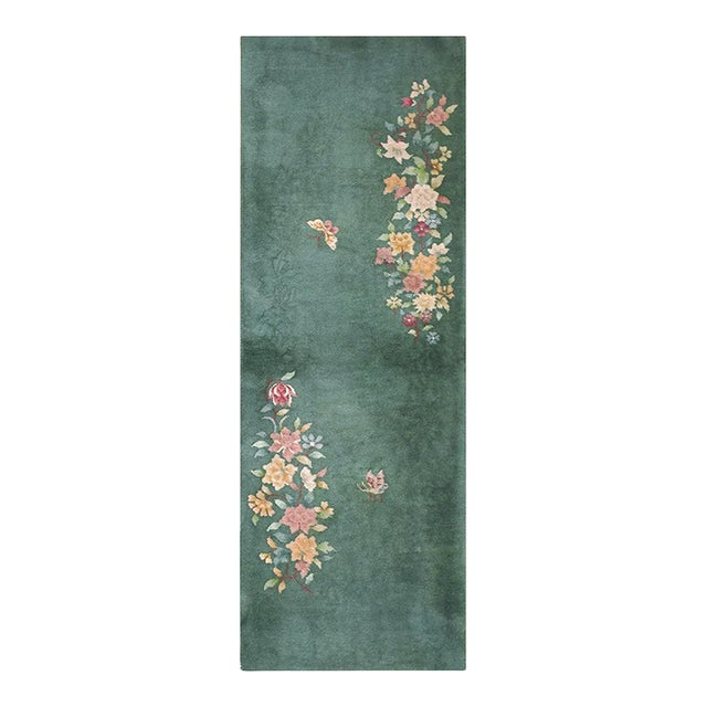 1920s Small Wool Pile Green Open Field Antique Floral Chinese Deco Throw Rug For Sale