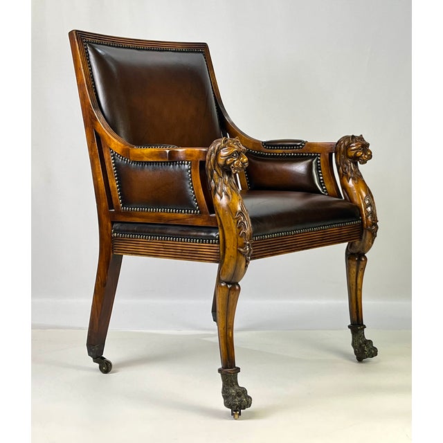 Pair of Theodore Alexander Regency Style Carved Lion & Hairy Paw Caster Armchairs in Brown Leather For Sale - Image 10 of 17