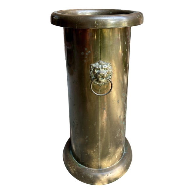 Antique Brass Lion Double Ring Handled Umbrella Stand For Sale