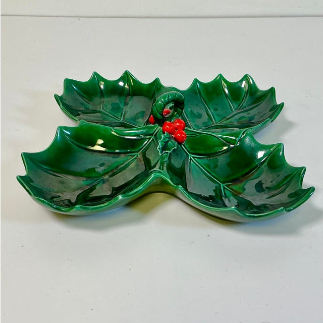 Mid 20th Century Americana Folk Art Ceramic Divided Christmas Holly Dish For Sale - Image 4 of 10