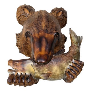 Ainu Carved Wood Bear with Salmon Wall Decoration, Hokkaido, Japan, 1970s For Sale