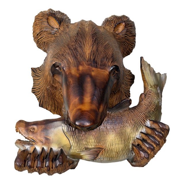 Ainu Carved Wood Bear with Salmon Wall Decoration, Hokkaido, Japan, 1970s For Sale