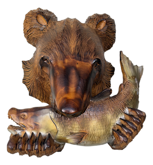 Ainu Carved Wood Bear with Salmon Wall Decoration, Hokkaido, Japan, 1970s