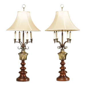 Knob Creek Pair of Brass and Turned Wood Vintage Table Lamps