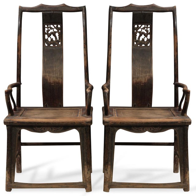 Wood Set of Antique Tall Elm Armchairs For Sale - Image 7 of 12