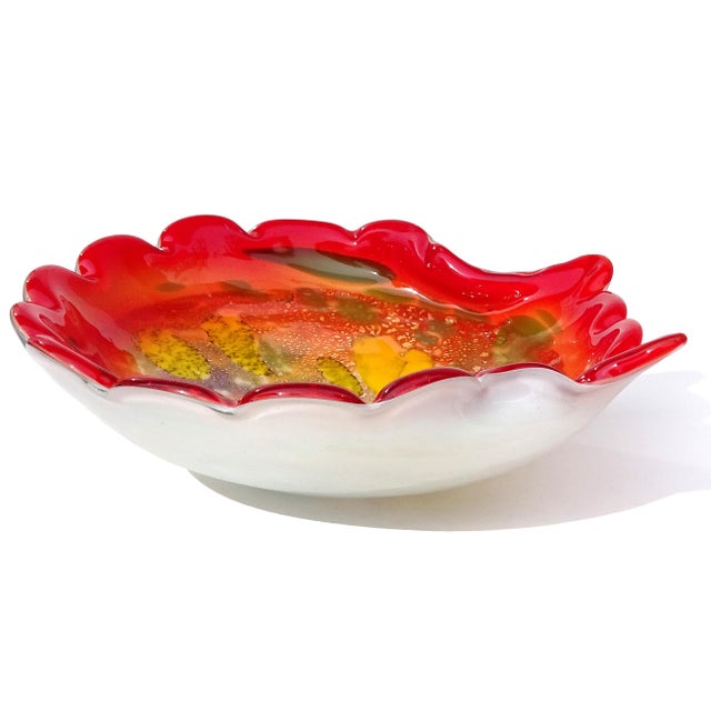 Murano Murano Vintage Red Orange Yellow Silver Flecks Green Italian Art Glass Seashell Centerpiece Bowl For Sale - Image 4 of 10