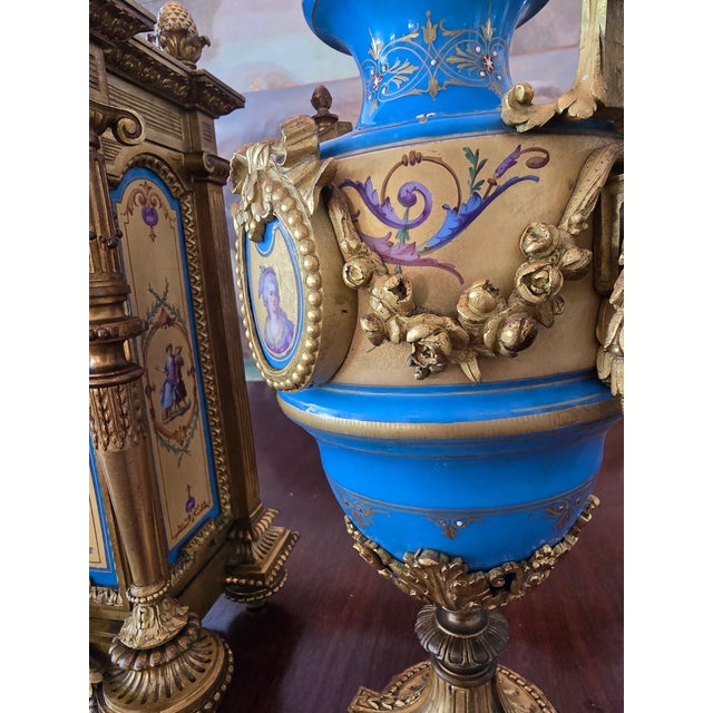 Metal Antique Sevres Style Jeweled Clock Set Ormolu Bronze For Sale - Image 7 of 18