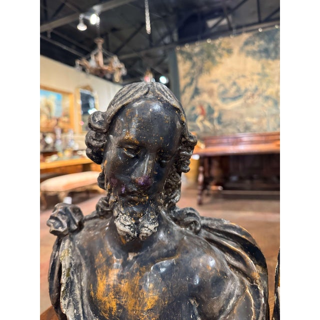 Silver Pair of 18th Century French Carved Polychrome Male & Female Bust Wall Sculptures For Sale - Image 8 of 13