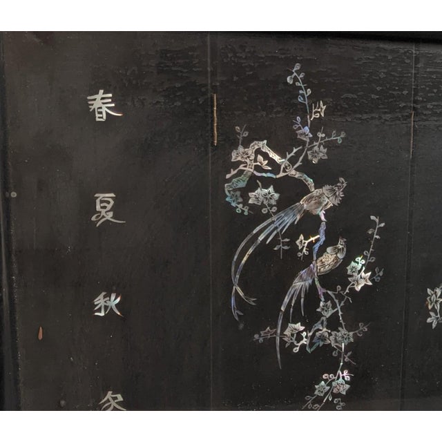Framed Vintage Chinese Six-Panel Lacquer Mother-of-Pearl Four Seasons Screen For Sale In New York - Image 6 of 11