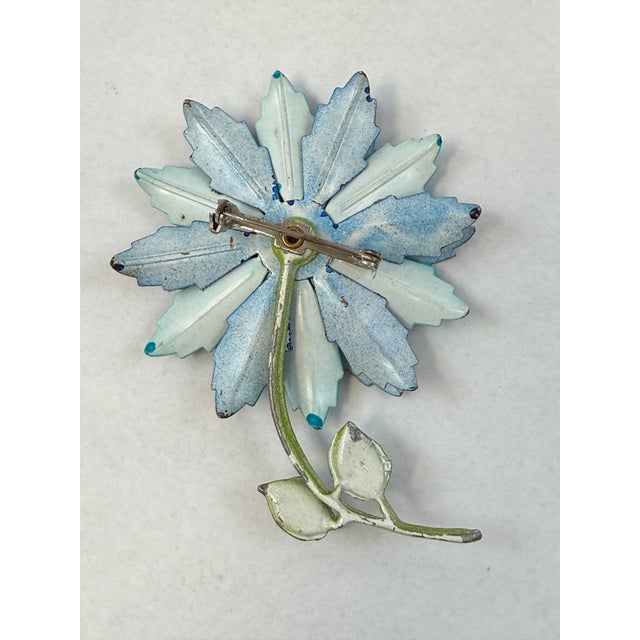 Mod 1960s Enamel Over Metal Blue Flower Brooch Pin Mid-Century For Sale - Image 4 of 6