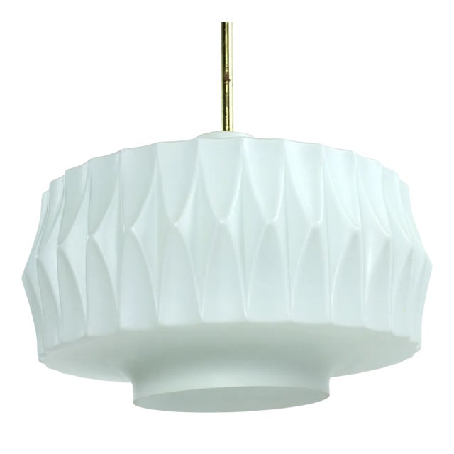 Mid-Century Ceiling Pendant in White Glass and Brass, Czechoslovakia, 1960s For Sale