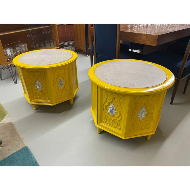 1970s Yellow and White Round Travertine Top Side Tables With Storage For Sale - Image 4 of 12