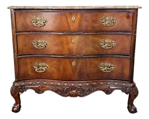 1980s Henredon Louis XV Style Serpentine Mahogany Commode With Marble Top & Ball and Claw Feet
