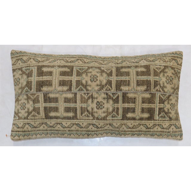 Late 20th Century Neutral Brown Green Tan Wool Turkish Rug Pillow For Sale - Image 5 of 5