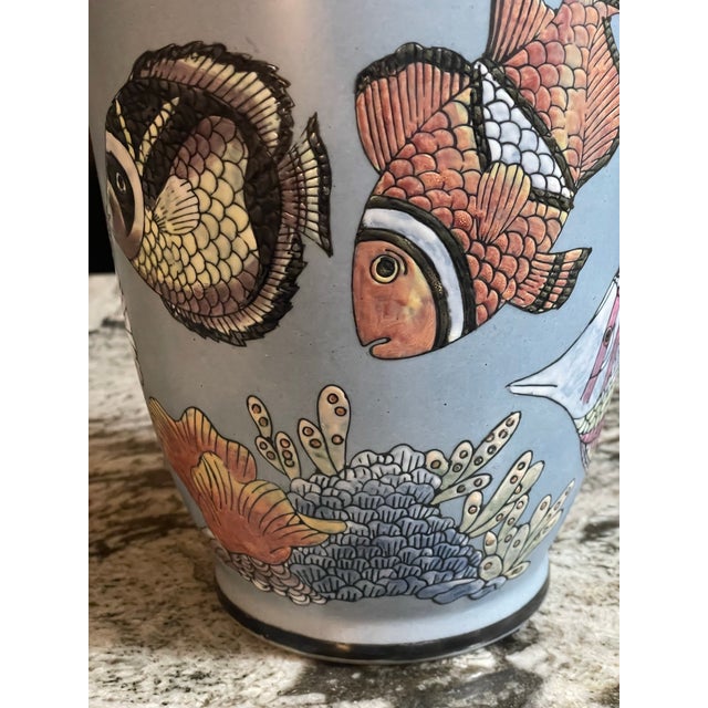 12” Tall Blue Vase With Intricately Carved & Hand Painted Tropical For Sale - Image 4 of 7